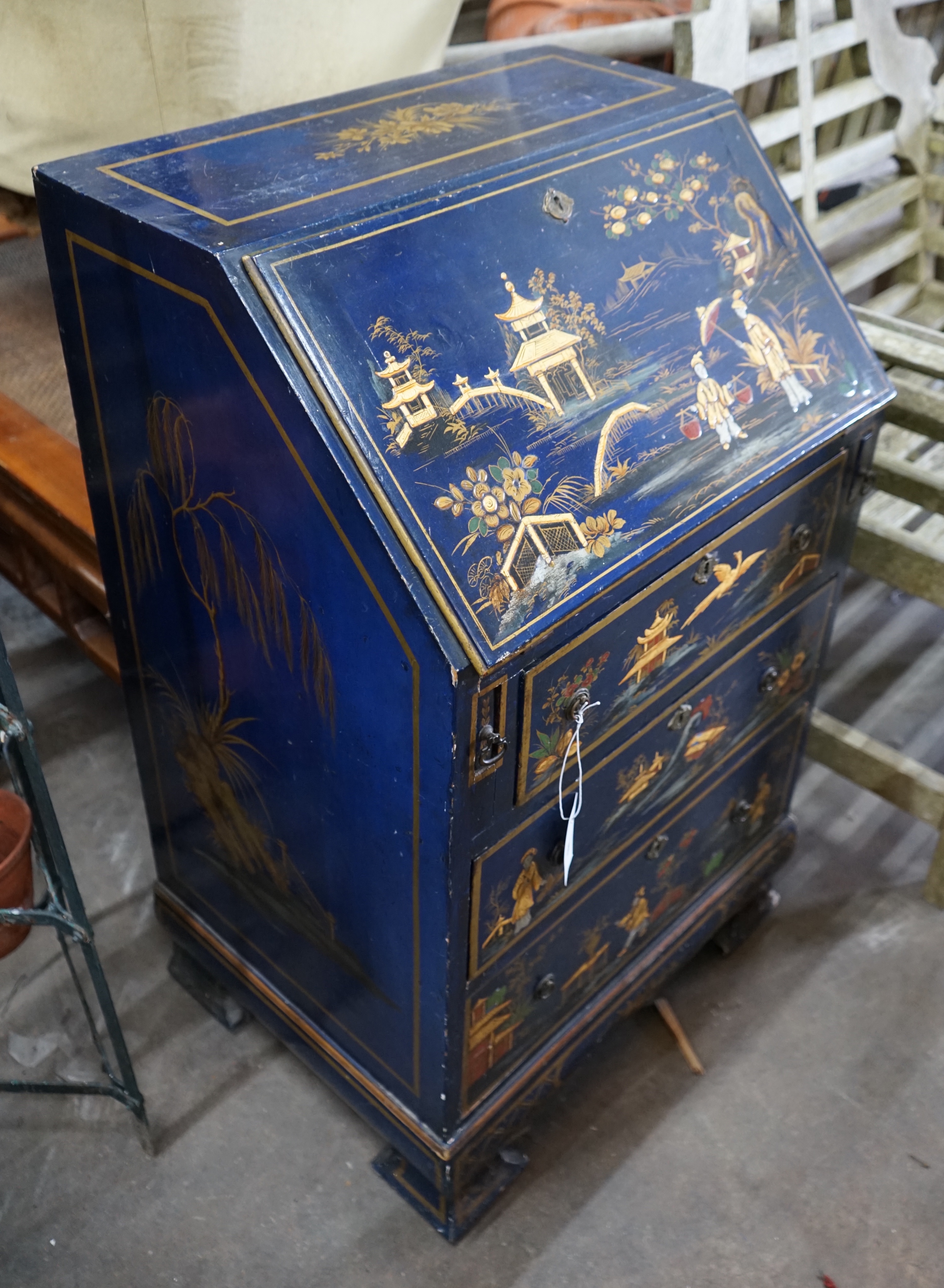 A small 1920's chinoiserie lacquer bureau, width 56cm depth 43cm height 92cm